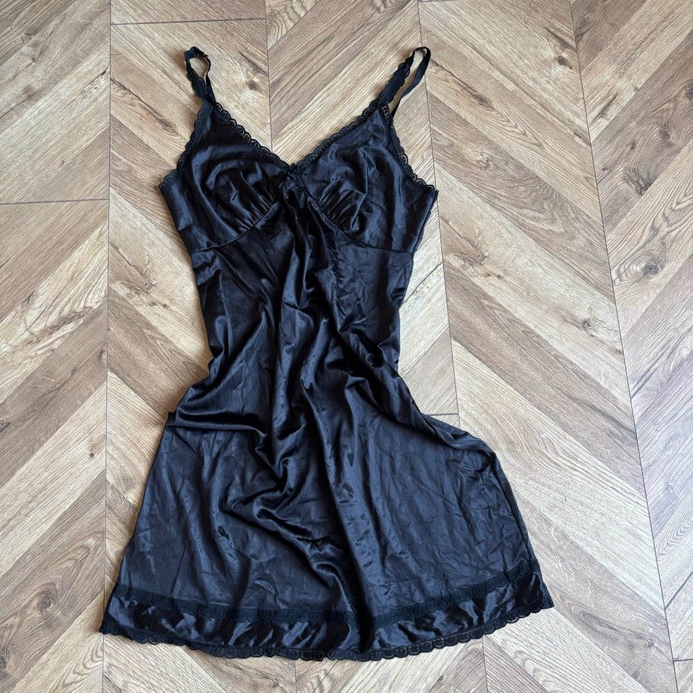 Sears Black Satin Lace Slip Dress